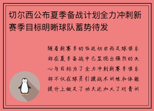 切尔西公布夏季备战计划全力冲刺新赛季目标明晰球队蓄势待发