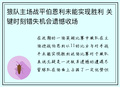 狼队主场战平伯恩利未能实现胜利 关键时刻错失机会遗憾收场